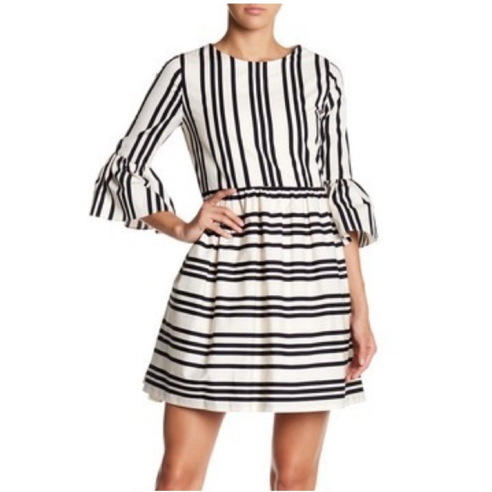 Alice + Olivia Augusta Striped Ruffled Sleeve Mini Dress Sz 8 Black Stripe New